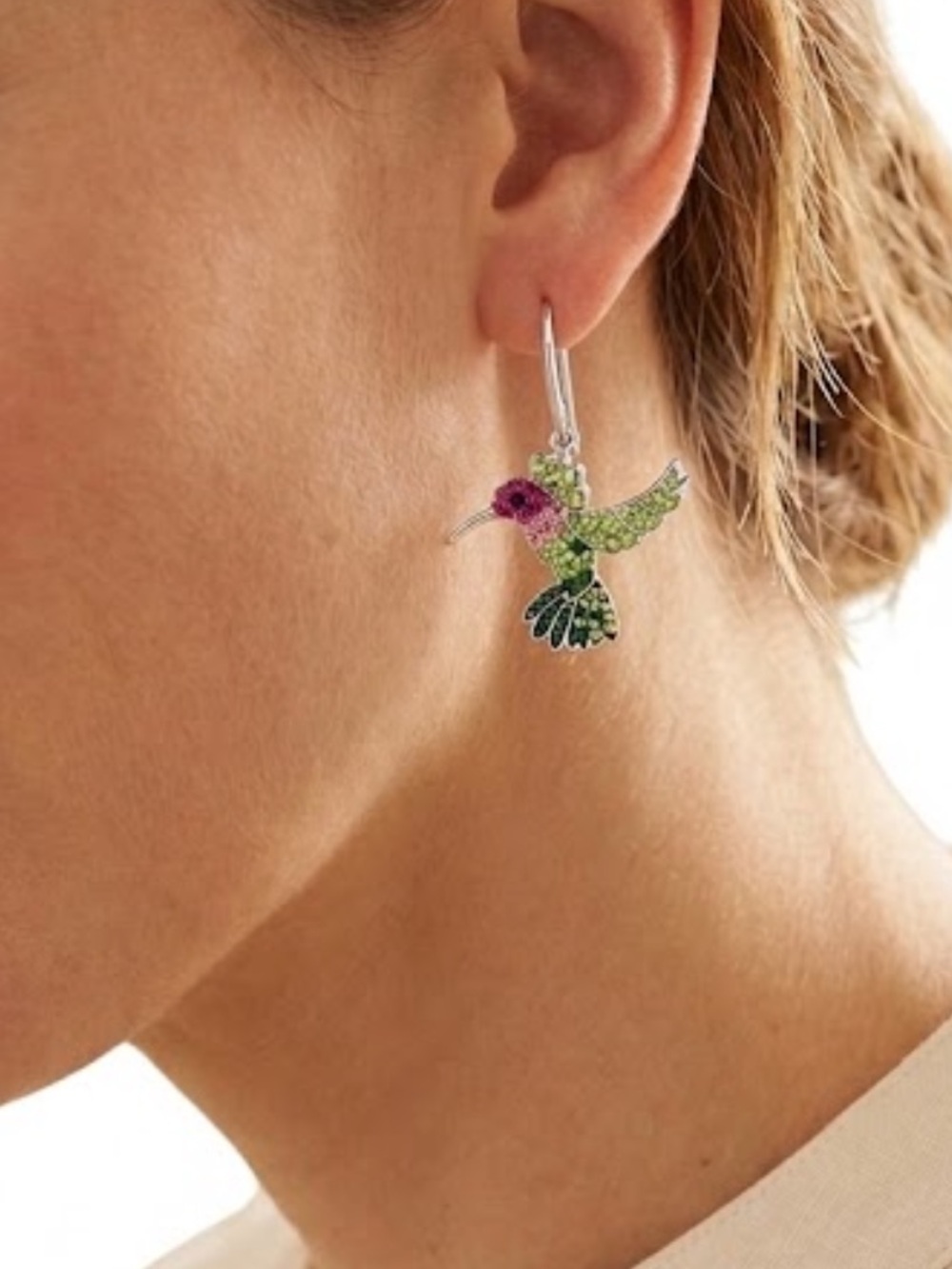 NWT Hummingbird Rhinestone Dangle Earrings Colorful Crystal Silver Nature